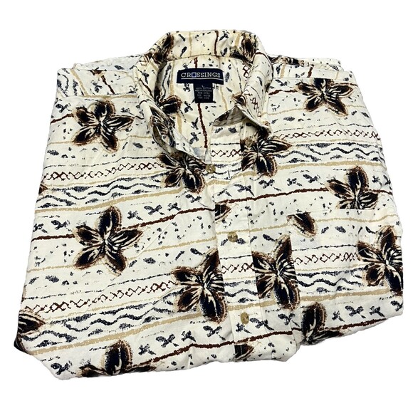 Vintage Hawaiian Shirt Crossings Large Tropical Floral Camp Beige 100% Cotton - Picture 3 of 4